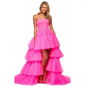 Feestjurken sexy fuchsia tulle cascading ruches avond strapless prom -jurken hoge laag formele kleding vestidos de fiesta