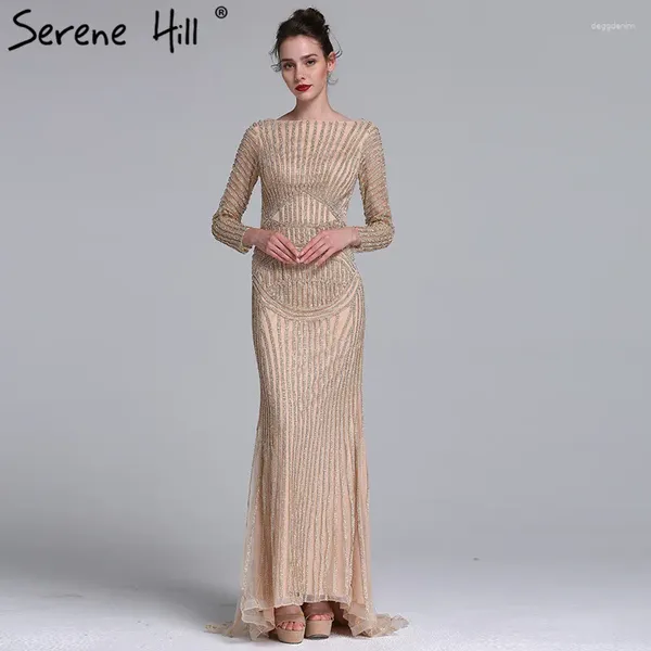 Vestidos de fiesta Sexy Gold Nude Nude Mermaid Diamond Evening Vestido de mangas largas Vestidos de lujo 2024 Serene Hill La6015