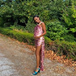 Robes de fête Sexy Halter Semelled grossesse Side Femmes Slit Habille Sparkle Scaly Sequins Maternity Summer Africa Custom