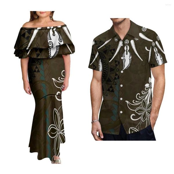 Robes de soirée Sexy Lady Double couche à volants robe en queue de poisson chemise pour hommes polynésiens Chic imprimé vêtements de couple tribu Samoa