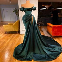 Robes de soirée sexy longue satin sans manches sarcelle vert bal perlé sirène corset dos haute fente abendkleider robes de soirée pour wom293o