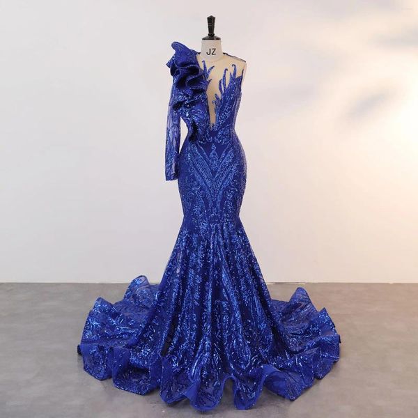 Robes de soirée sexy une épaule sirène robe de soirée longue bleu royal pailleté fille noire bal pour mariage pageant robe de célébrité