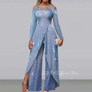 Robes de soirée Pantalons sexy Combinaison à jambes larges pour femmes Paillettes creuses avec col licou Lady Prom Brillant Serré Taille moyenne Tenues longues