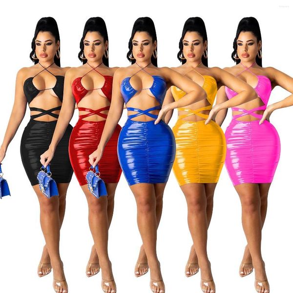 Robes de soirée Sexy solide en cuir PU à lacets moulante Mini robe femmes 2023 été élégant évider licou dos nu Club Vestidos
