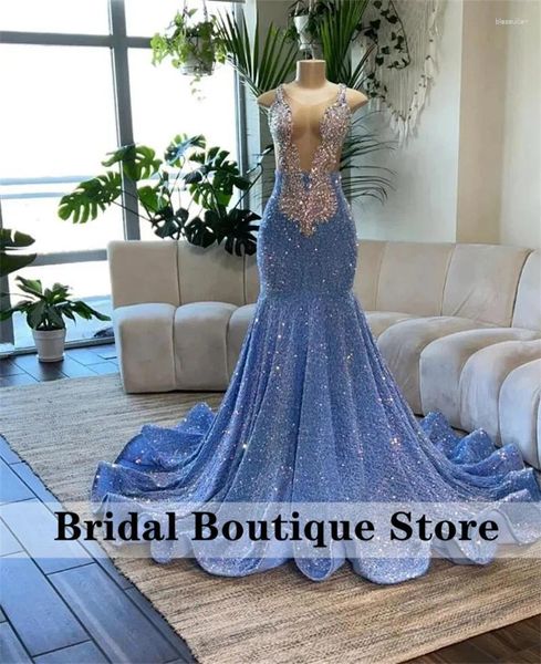 Robes de fête sexy diamants scintillants robe de bal bleu 2024 pour filles noires perles de cristal ramines paillettes