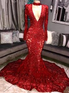 Feestjurken sexy sprankelende pailletten lange mouw Royal Blue Red Red Mermaid Prom Deep V Heck Dames avondjurk zwarte meisjes