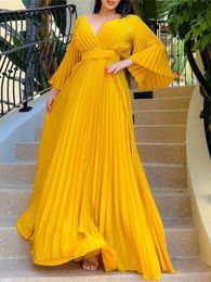 Feestjurken sexy v-neck geplooid diner jurk vrouwen geel elegant met riem lange mouw gewaad