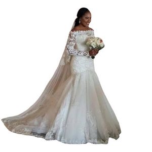 Feestjurken Sexy Vestidos de Casamento Para Mulheres Sereia Manga Longa Tule Rendas Apliques Elegante Formal