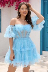 Robes De soirée Sexy femmes manches bouffantes retour pour les adolescents bleu Mini volants à plusieurs niveaux Tulle robe De bal filles Vestidos De Gala