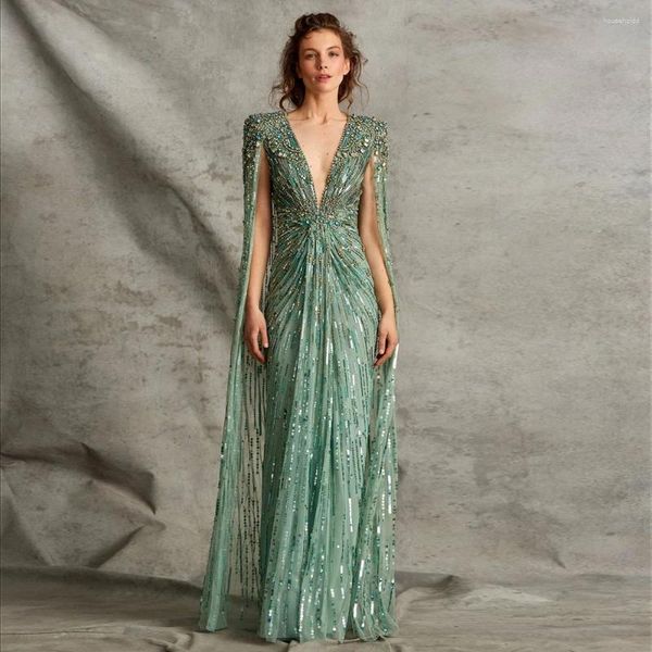 Robes de soirée Sharon a dit de luxe Dubai Sage Green Soirée avec Cape Fuchsia Crystal Gold Femmes élégantes Robe de mariée formelle SS399