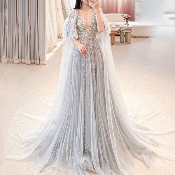 Robes de soirée Sharon Said luxe Dubai Silver Grey soirée avec plume Cape châle femmes arabes mariage robe de bal formelle SS147 230208