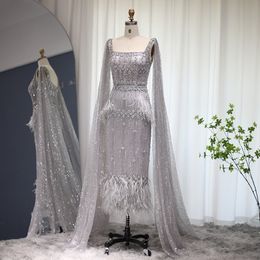 Vestidos de fiesta Sharon Said Luxury Feather Crystal Dubai Vestido de noche con Cape Bling Grey Mermaid Árabe Vestidos formales para mujeres Boda S279 230310