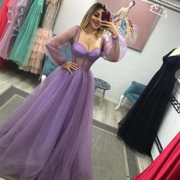 Vestidos de fiesta Shimmer Lavender Tulle Prom Puff Mangas largas Sweetheart Bones Hasta el suelo Vestidos de noche Mujeres Vestido formal