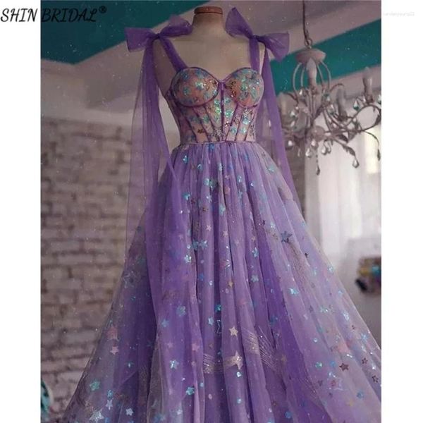 Robes de soirée SHIN BRIDAL Une ligne Spaghetti Bretelles Glitter Soirée pour les femmes Sparkly Sweetheart Robe de bal Violet Tulle Mariage