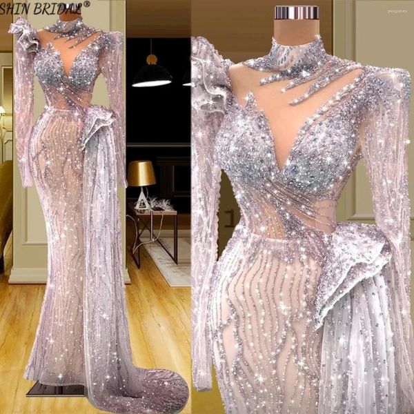 Vestidos de fiesta Shin Bridal Mermaid Mangas largas Noche de brillo para mujeres Halter Halter Prom Floor Wedding