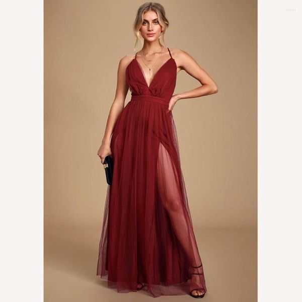 Robes de fête Robe de bal de graduation brillante Bourgogne Vin TULLE Spaghetti Spaghetti Split Slit V-Neckline Empire A-Line Celebrity