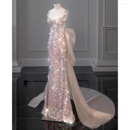 Robes de soirée brillant rose sirène soirée Bowknot paillettes perles détachable queue col licou personnaliser robes de bal de luxe 2024