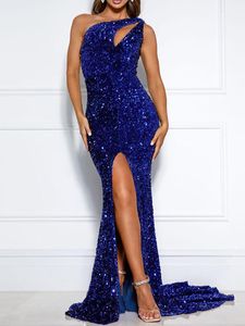 Robes de soirée brillant bleu royal évider velours robe de cocktail extensible Gary fente jambe une épaule sans manches robe de mariée Maxi AutumnParty