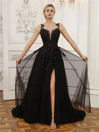 Robes de fête Shiyicey Lace Elegant Black Tulle Wedding A-Line Backless Long Side Split Rangs Split Gowns Applique Fleur à la main