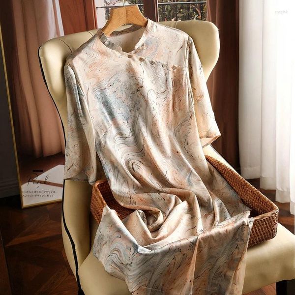 Robes de soirée Soie Imprime Femmes 2024 Satin Manches Courtes Lâche Été Style Chinois Empire Robe Dames O-cou Vêtements YCMYUNYAN