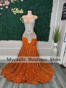 Robes de fête Silver Crystal Luxury Orange Sequin Prom 2024 pour la fille noire Sirène Sirène Robe de soirée