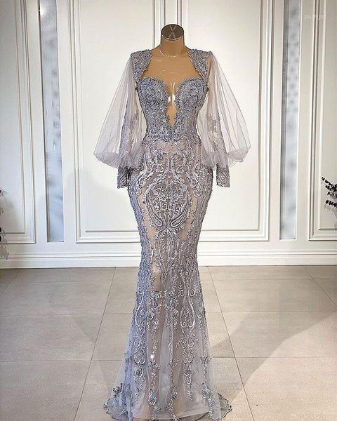 Robes de soirée argent dentelle appliques sirène soirée illusion manches longues chérie arabe Aso Ebi réception de bal fiançailles robe de soirée