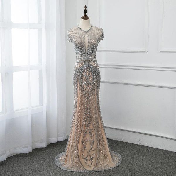 Robes de soirée argent strass soirée longue mancherons Nude Tulle robe de concours femmes robe sirène robes de fête