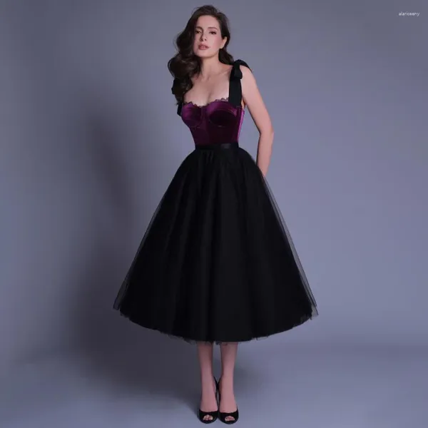 Vestidos de fiesta simples una línea de cóctel Midi Sweetheart vestidos negros morados para mujeres 2024 cinturón de tul vestido de fiesta de encaje con lazo