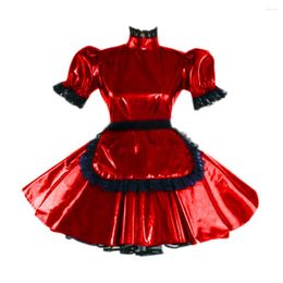 Robes de fête Sissy Lolita Robe Sexy Maid Tenfits Turtleneck Puff Sleeve Cuir Patent évasé avec tablier Gothic Play