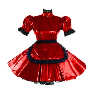 Feestjurken Sissy Lolita Dress Sexy Maid Outfits Turtleneck Puff Sleeve Flared Patent Leer met schort gotisch rollenspel