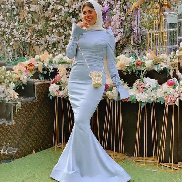 Vestidos de fiesta Sky Blue Muslim Mermaid Prom Puff manga larga Simple Vestido de la noche del hijab.