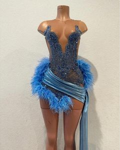 Robes de soirée bleu ciel courte bal de fin d'année brillant diamant cristal plume d'autruche anniversaire robe de cocktail robes de gala Mujer