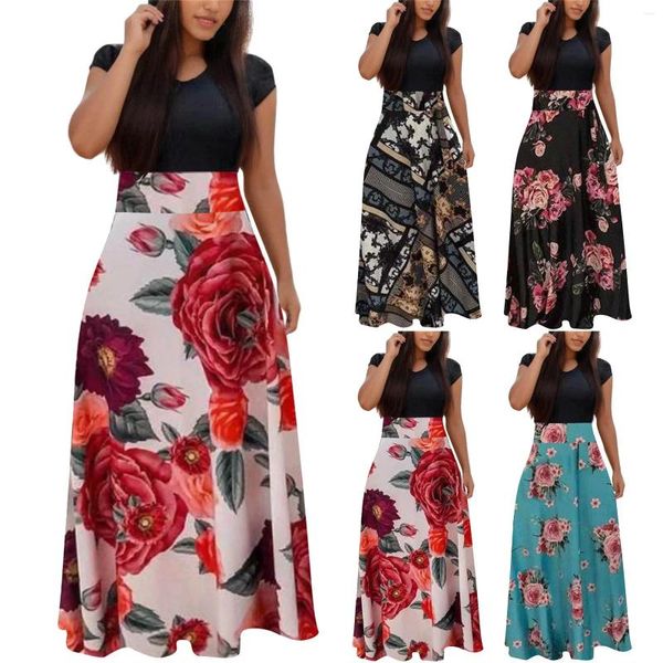 Vestidos de fiesta Manga Color Estilo de desgaste Falda larga Vestido floral Estampado de flores a juego Manga corta para el swing grande de las mujeres