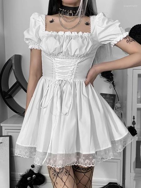 Robe de fête robe manche femme y2k couche carré kawaii en dentelle partie partielle lolita mignon princesse blanche élégante