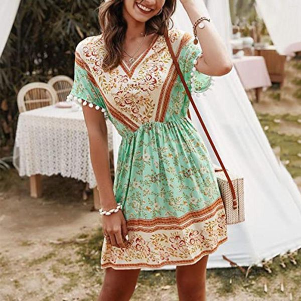 Robes de soirée manches imprimé fleuri ethnique été plage femme Split Style élégant femmes robe sans manches col en v Spaghetti sangle 323