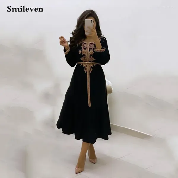 Robes de fête Smileven noir marocain kaftan robe de soirée formelle appliques en dentelle en or arabe musulman dubaï spécial occasion