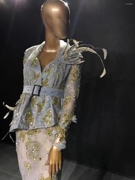 Robes de fête Soayle haut de gamme personnalisée élégante tempérament à paillettes dentelle à manches longues à manches minces minces robe de bal yp2917