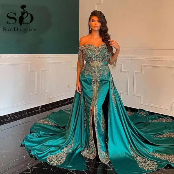 Robes de soirée SoDigne Karakou Algerien Robe de soirée Arabe Caftan Perles Appliques Satin Vert Robe de bal Robes de soirée avec jupe amovible 230217