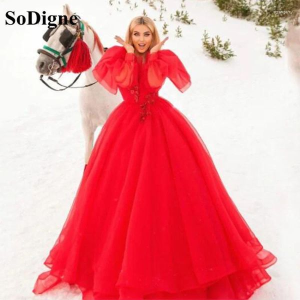 Vestidos de fiesta Sodigne Red Princess Dress Puff mangas largas A-línea Apliques Appliques Women Women Celebrity Vestido