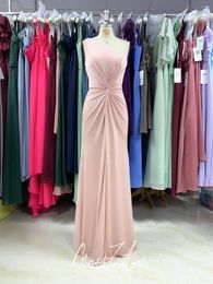 Robes de soirée en tissu extensible rose doux, asymétrique épaule dénudée, plis et paillettes, image réelle, Luckgirls, bal de promo, Mocini sur mesure, 2023