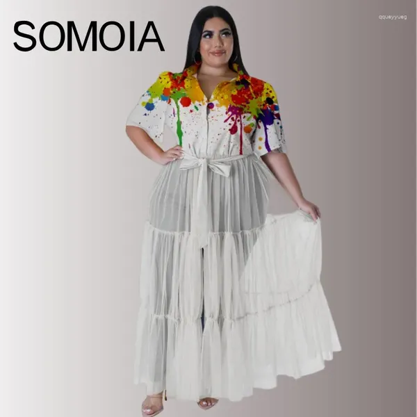 Robes de soirée SOMOIA Plus Taille Femmes Imprimer Chemise Robe Gaze Maille Jupe Longue Patchwork Casual Manches Courtes Boutons Pulls Ceinture À Col En V