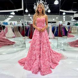 Feestjurken Sondr Elegante Roze Bloemen Een Lijn Lange Prom 3D Laag Strapless Dubai Vloerlengte 2024 Avondjurk Jurk