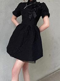 Feestjurken Sonneesd Franse Harajuku Babes A-lijn Cheongsam Jacquard Gauze Design Girly Vintage Bow Puff Sleeve Black Mini