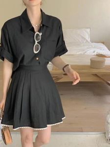 Feestjurken Zuid -Korea dubbele pocket shirt hoge taille alles kan kanten patchwork rok set jurk