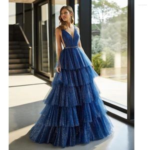 Feestjurken Spark Blue Evening Dess Tiered Mouwess V-Neck Speciale gelegenheid Vloer Lengte Formele prom Pretty Women Jurk 2024