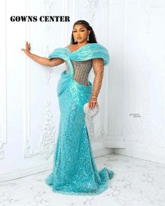 Feestjurken Sparkly Aqua Blue African Evening Plus Size 3d geplooid van de schouder prom -jurk Aso Ebi -stijl bruiloftsreceptie