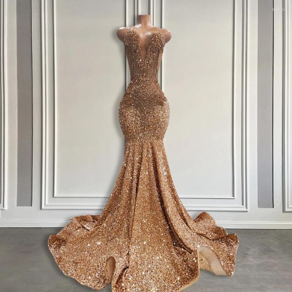 Robes de fête Sparkly Brown Diamond Long Prom For Girl Black Luxury Perles de luxe Sirage Gold Gold Robes 2024