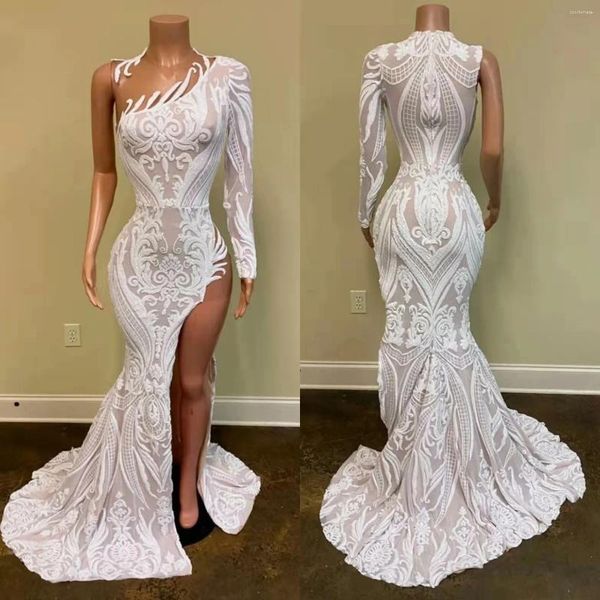 Robes de soirée scintillantes élégantes soirée sexy sirène simple manches longues blanc sequin africain haute fente robe de bal pour les femmes