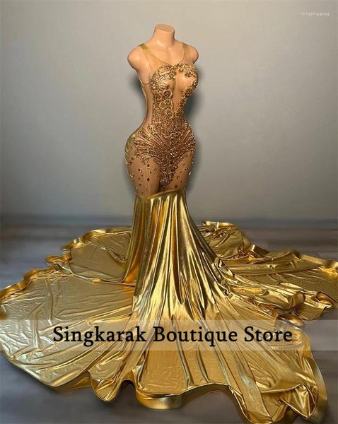 Robes de fête Sparkly Gold Diamonds Long Robe de bal pour la fille noire en cristal en cristal Robe d'événement d'anniversaire