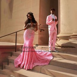 Feestjurken Sparkly Pink Prozin prom jurk voor zwarte meisjes kralen kristallen Mermaid avondjurken aso ebi hof trein schattig